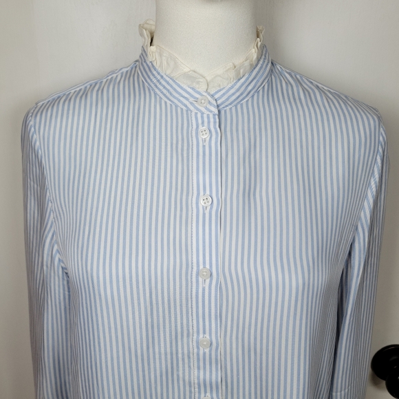 J. Crew Blue & White Striped Cupro Blend Button-Up Shirt Ruffle Trim Size Small - Picture 4 of 13
